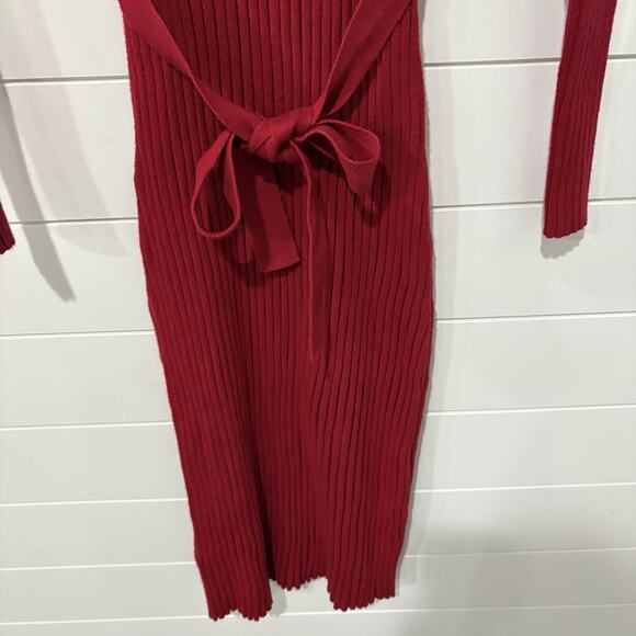 Ann Taylor | Dress Long Sleeve Ribbed Red Midi Length- Size Small - Picture 3 of 9